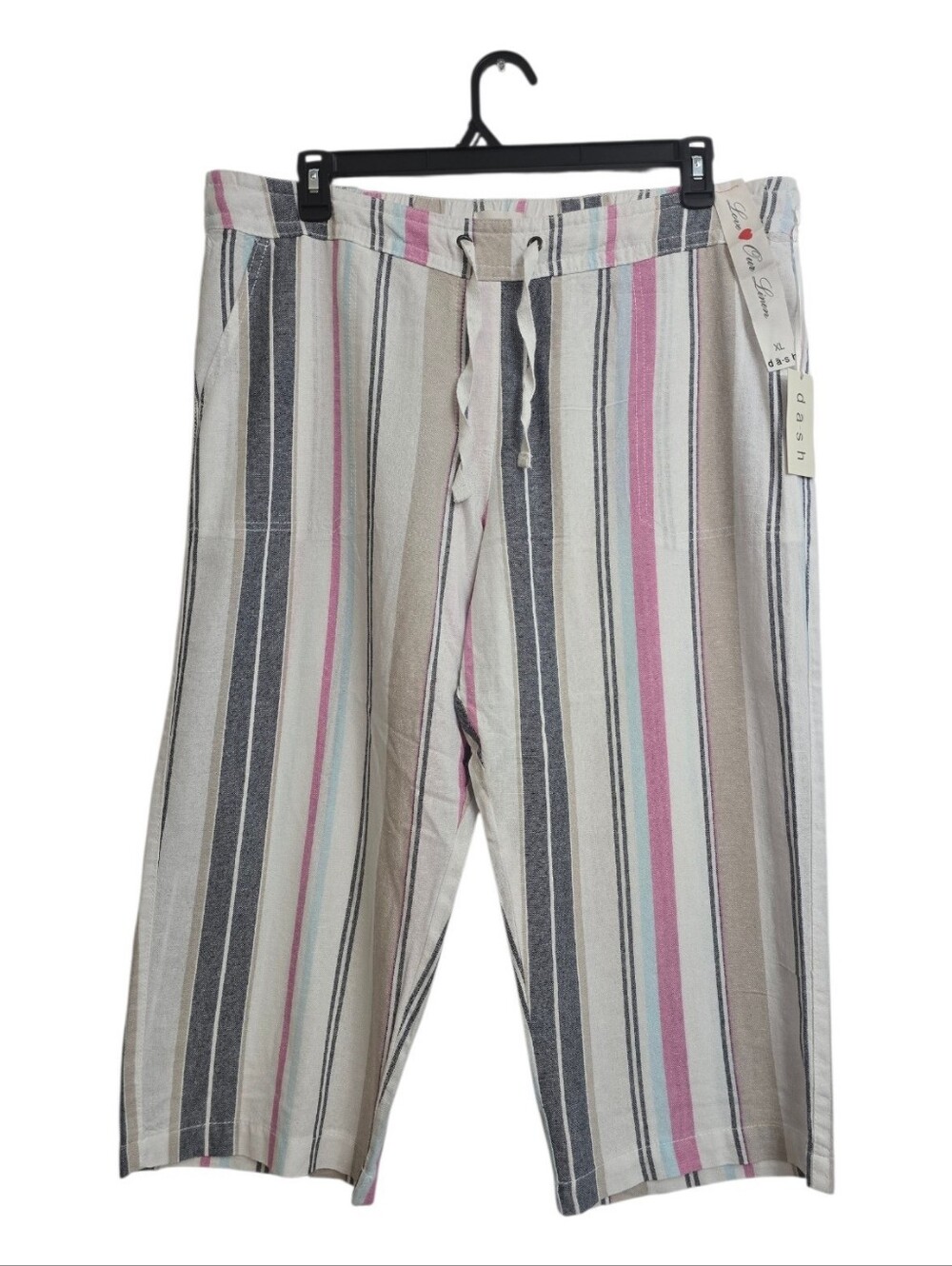 Dā-sh Striped Beige and Pink Soft Linen Blend Beach Drawstring Capri Pants